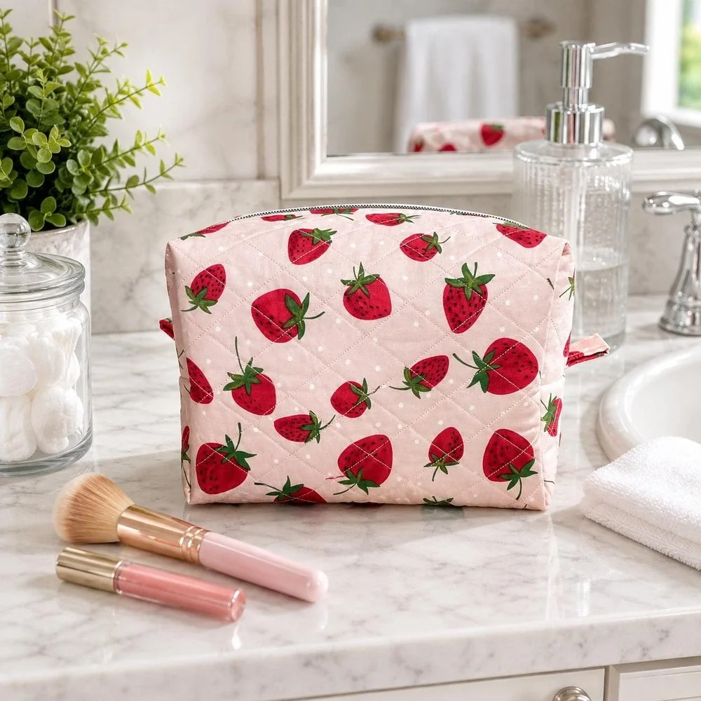Strawberry Makeup Bag, Quilted Cosmetic Bag, Travel Toiletry Bag, Organizer Bag
